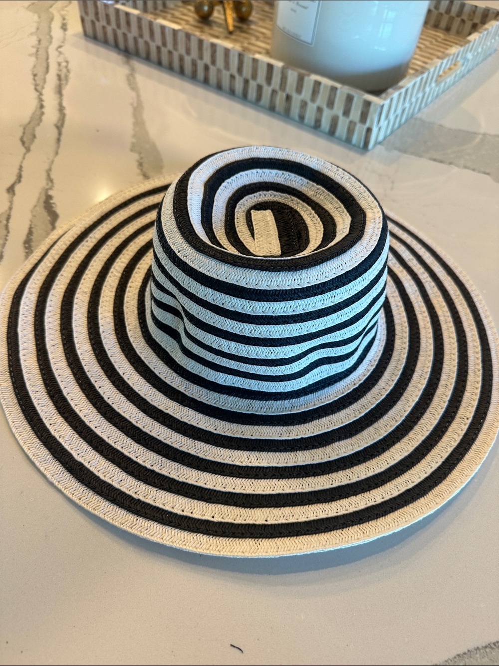 Striped Wide-Brim Sun Hat - Black and White